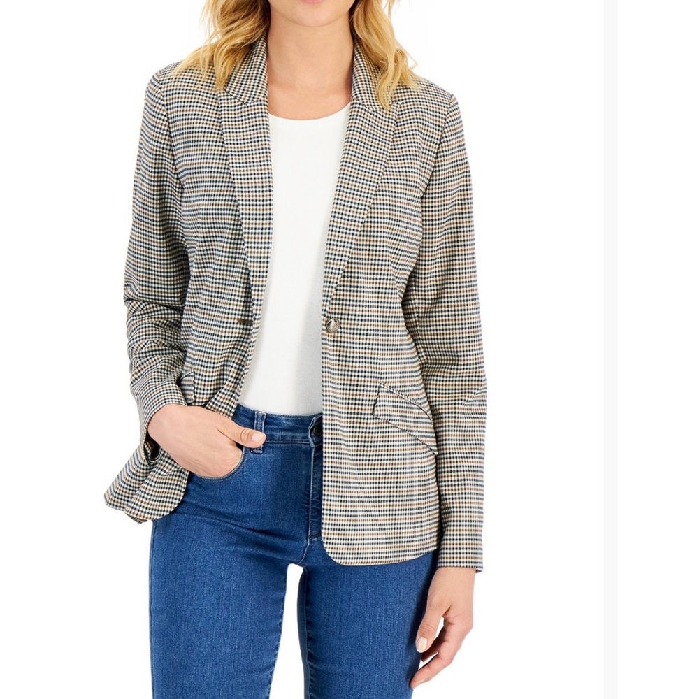 Charter Club Cream and Brown Blazer Tailored Fit Notched Lapels